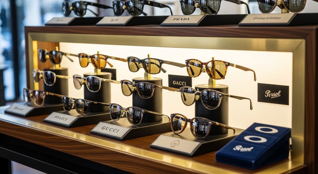 Designer eyewear brand collection displayed in a showroom