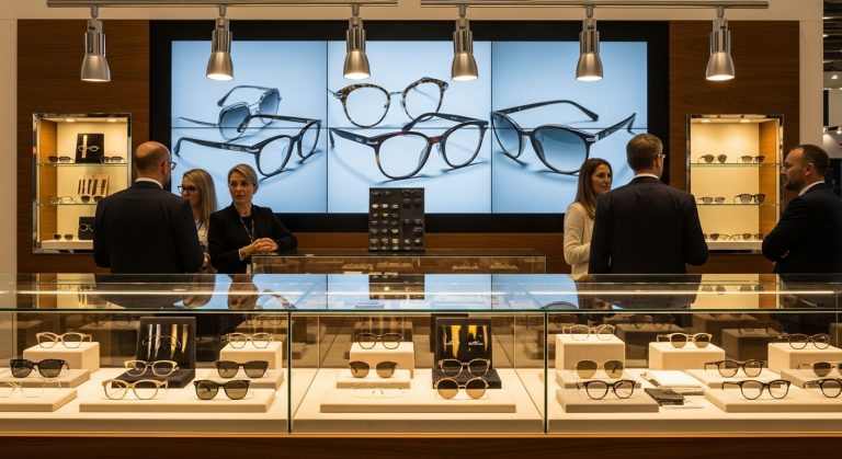 High-end eyewear retail environment showcasing luxury frames